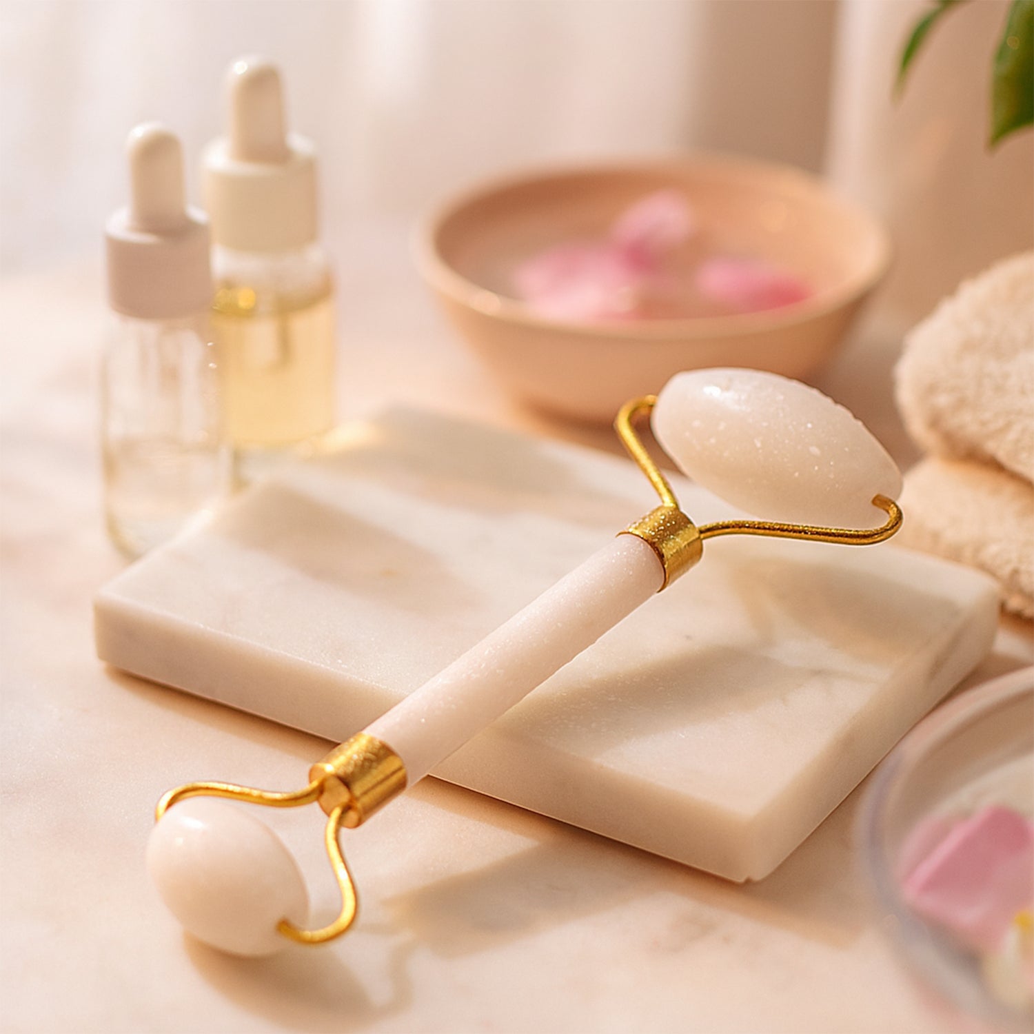 Face massage roller used on cheek and under-eye area