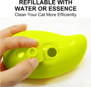A hand opens the fill port on the lime green pet brush, revealing an opening for water or essence.
