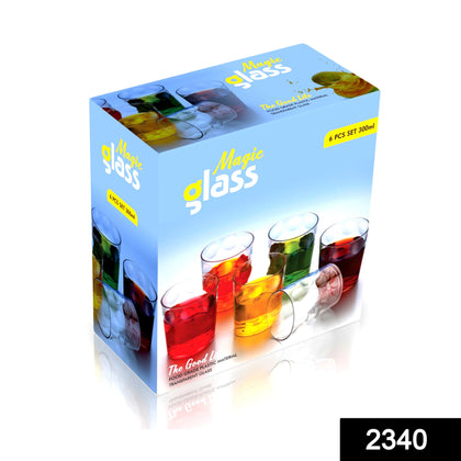 Six transparent unbreakable juice glasses on a white background