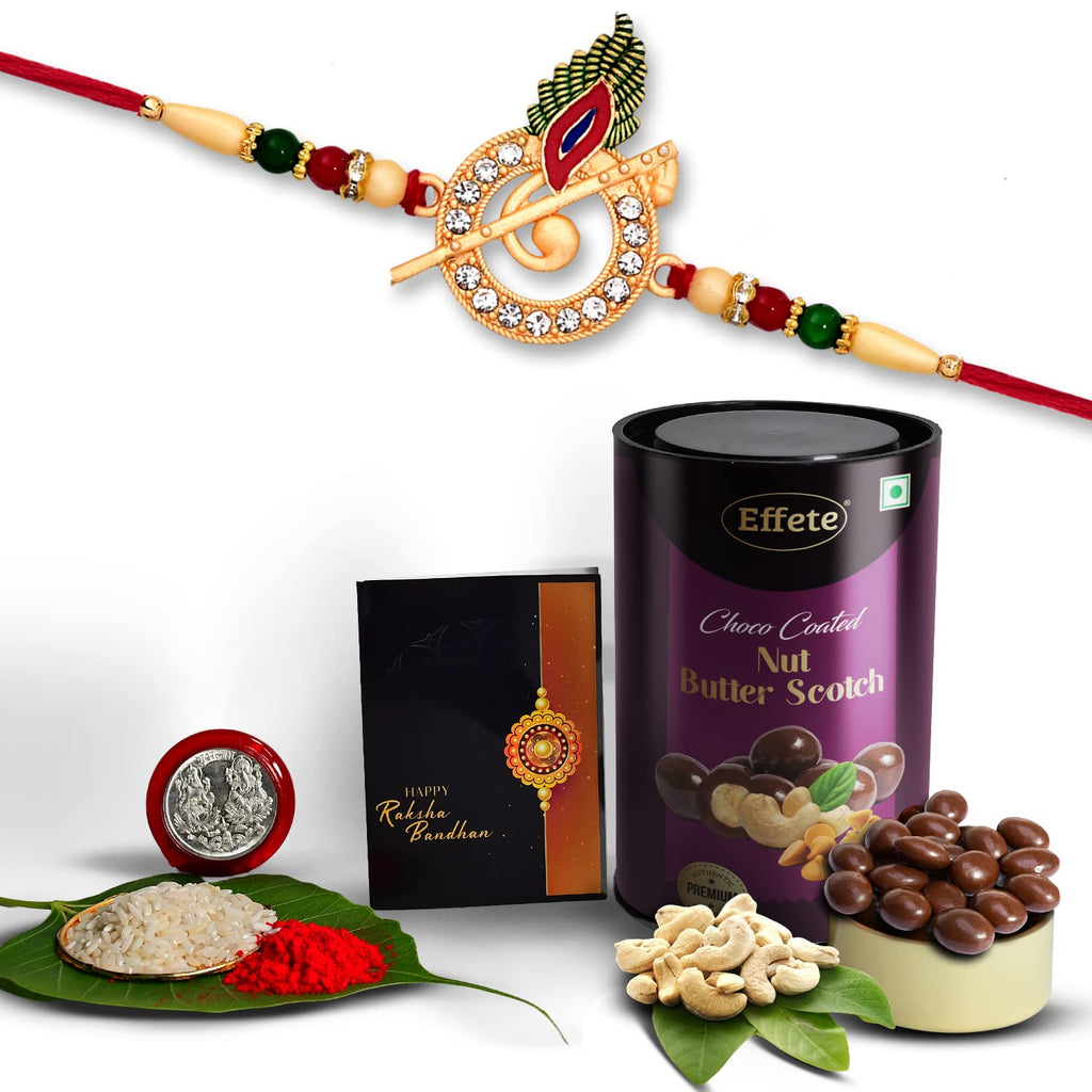 Complete Krishna Flute Rakhi combo set with chocolates, tilak, and greeting card.