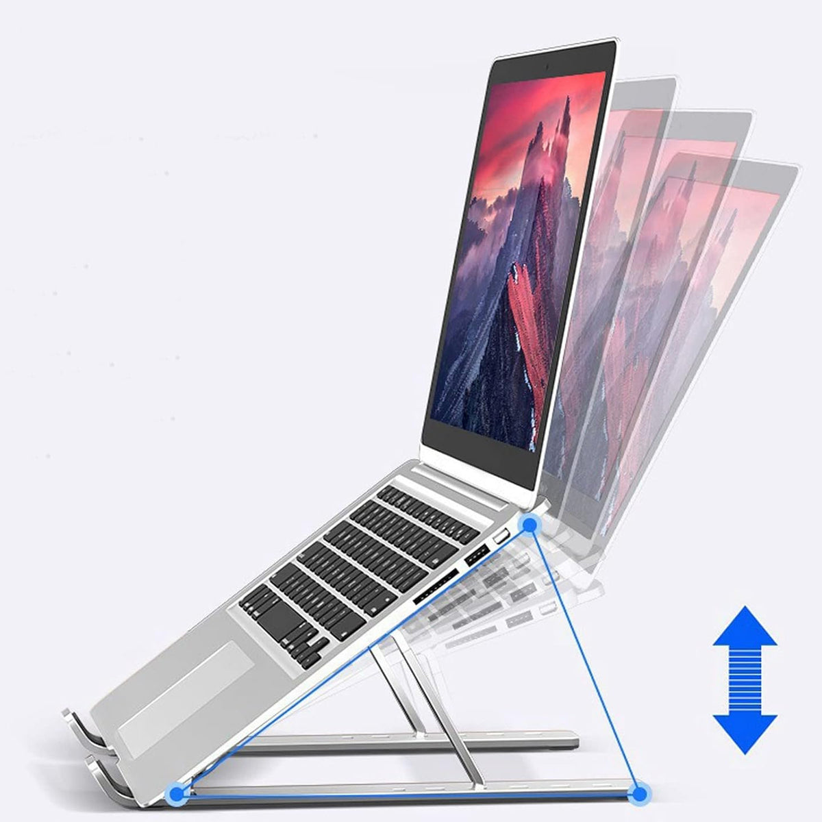 Close-up of the metal laptop stand's sturdy construction and non-slip pads