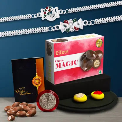 Elegant Silver Rakhi Combo Gift Set For Brother  With Choco Magic Coated Nuts Roli-chawal Coin  Raksha Bandhan Card
