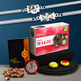 Elegant Silver Rakhi Combo Gift Set For Brother  With Choco Magic Coated Nuts Roli-chawal Coin  Raksha Bandhan Card