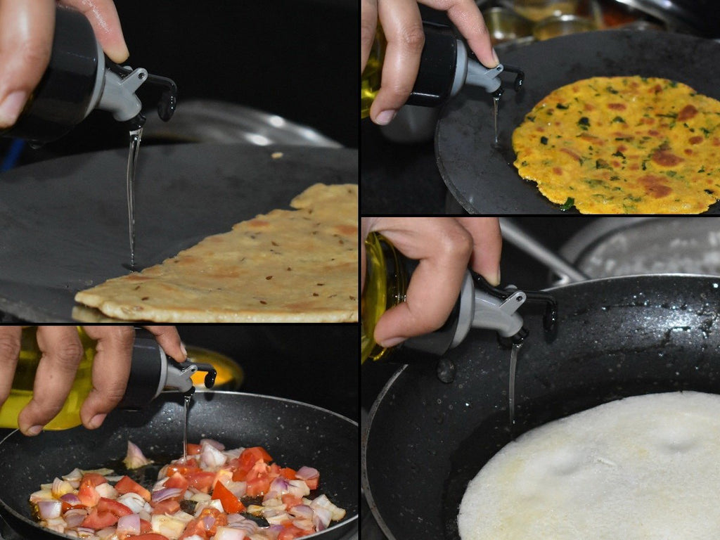 Transparent oil dispenser bottle shown with cooking oil