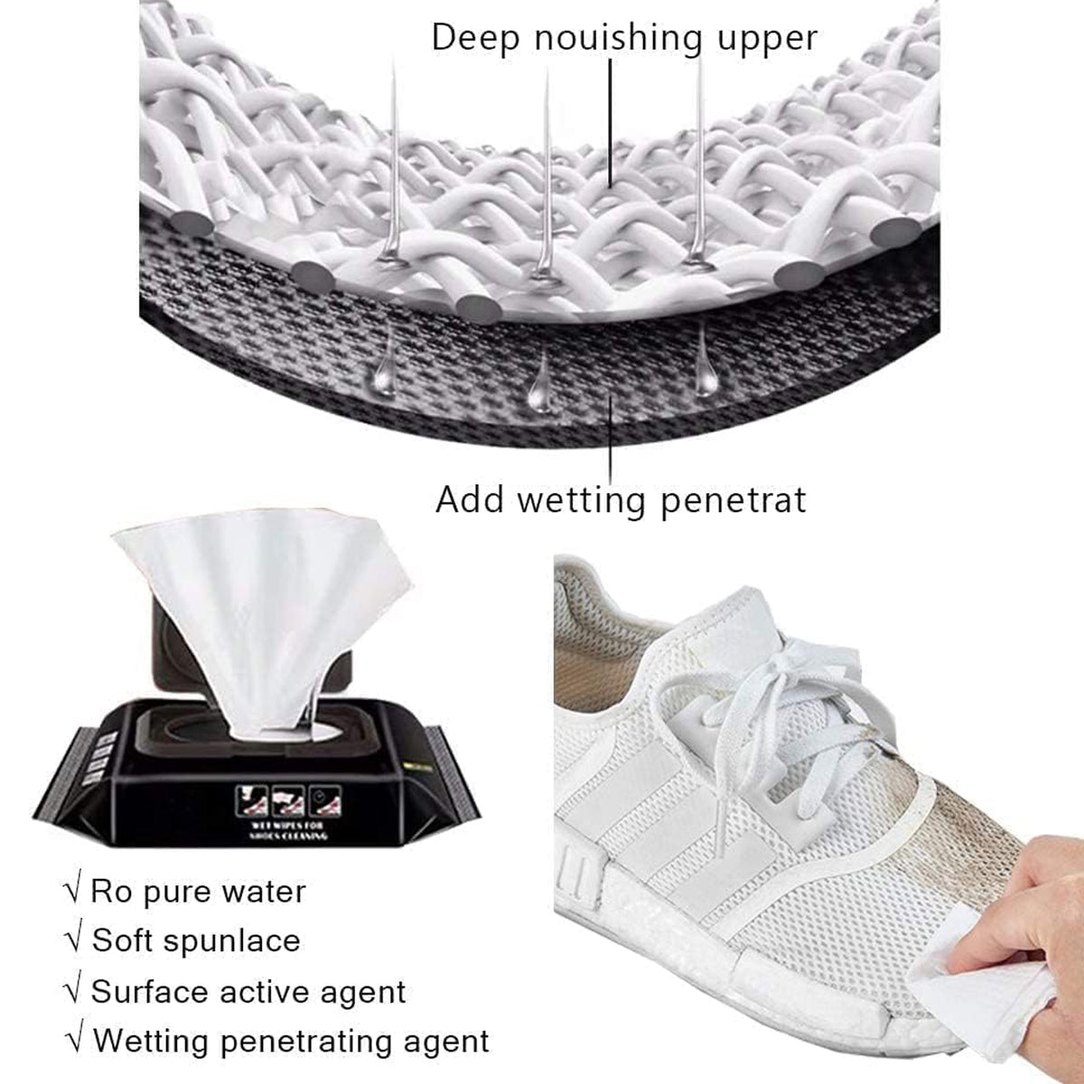 Pack of 80 disposable shoe cleaning wipes with resealable seal
