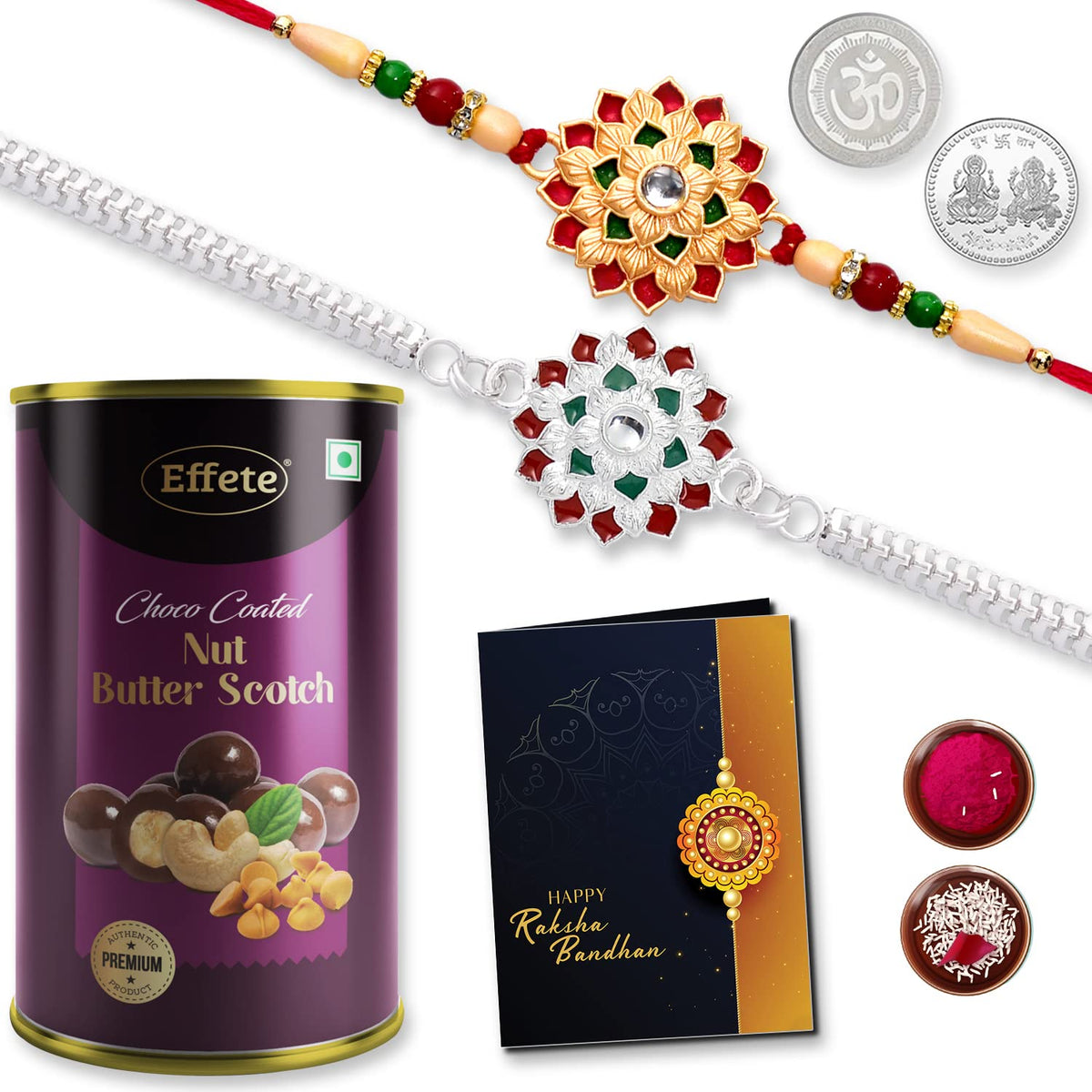Close-up of a fancy Rakhi for brother with intricate designs and stones.