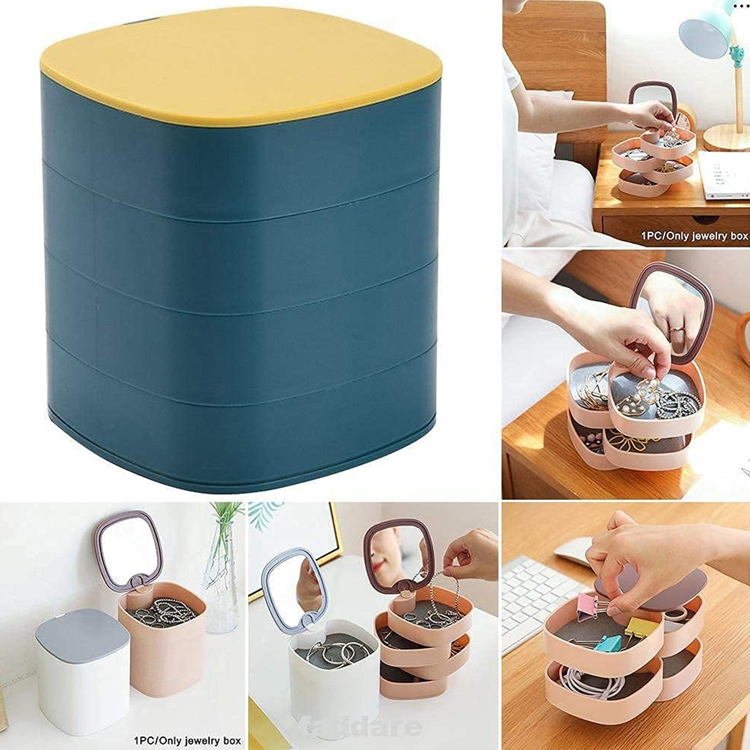 Side view of 4-layer rotating jewelry box with mirror