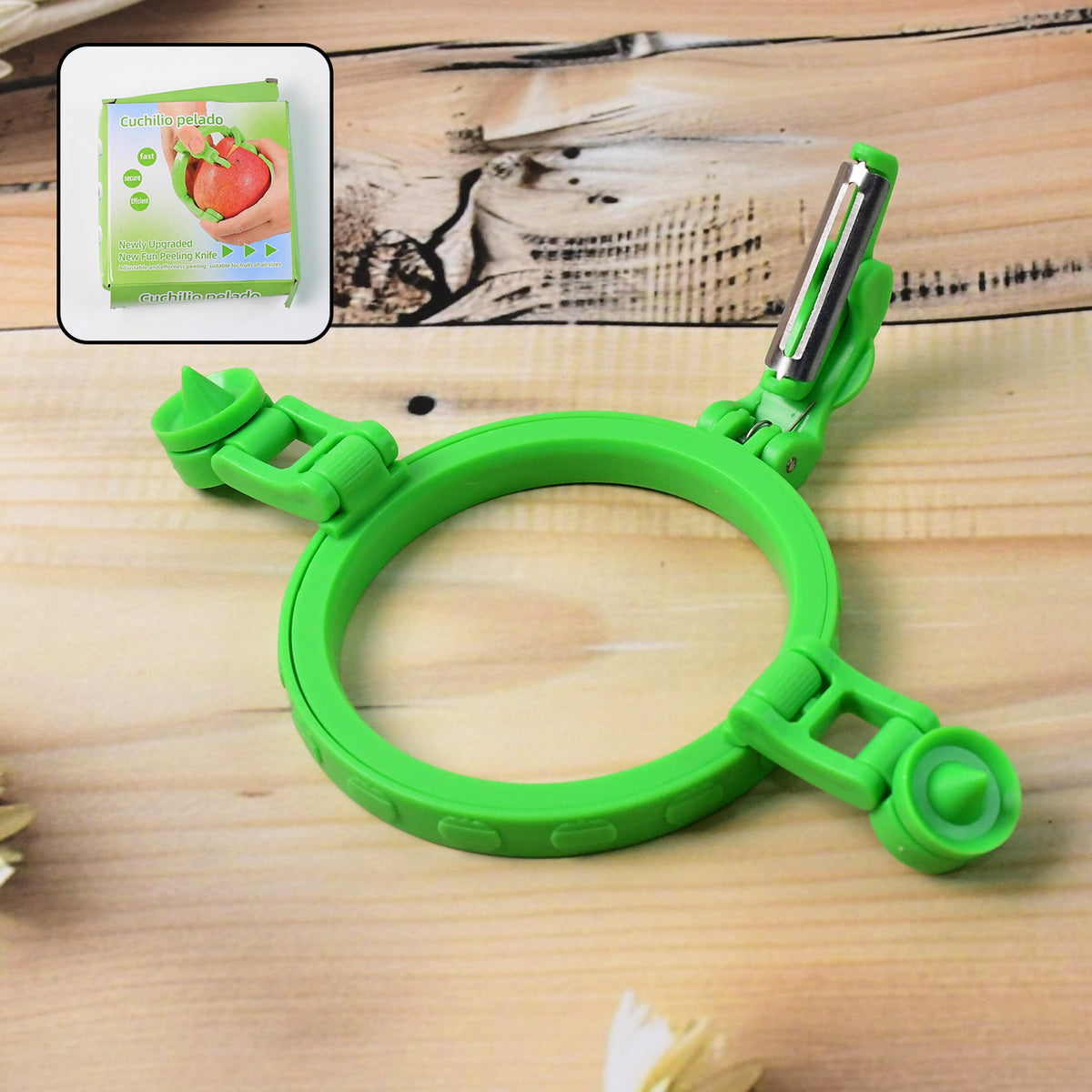 Action shot of the apple peeler efficiently removing the skin from a fruit