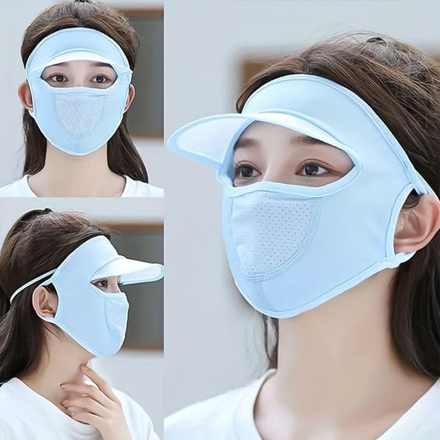 Front view of a woman wearing a pink UV protection cap, demonstrating full facial coverage.