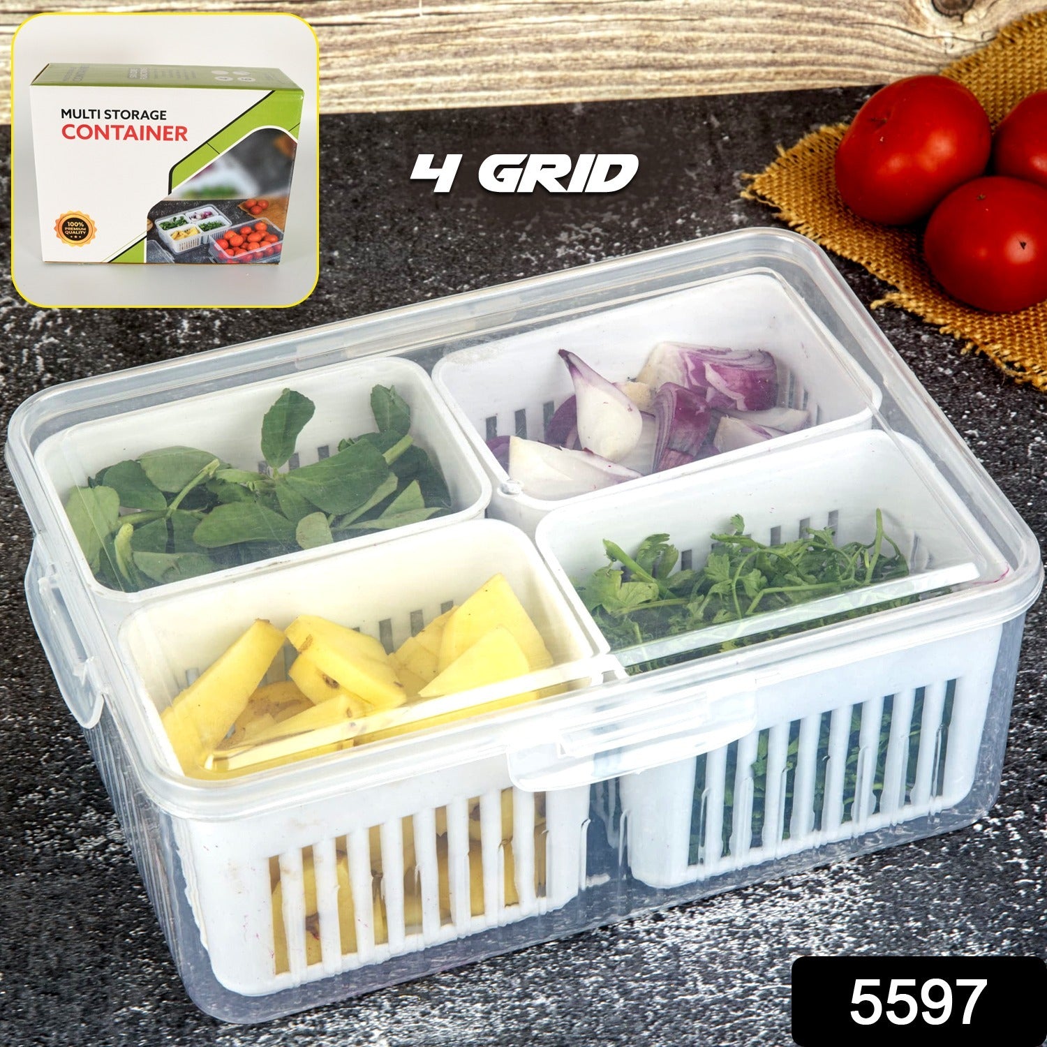 Fridge Storage Box – 4-Grid Vegetable Draining Crisper for Kitchen & Refrigerator