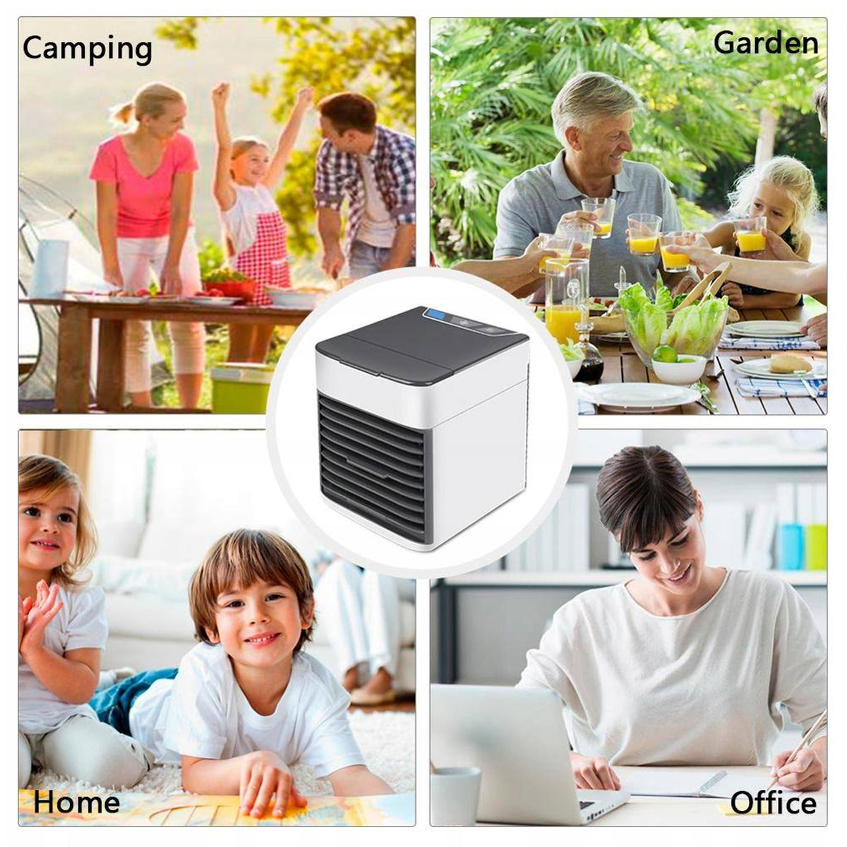 Portable air cooler being used outdoors during camping