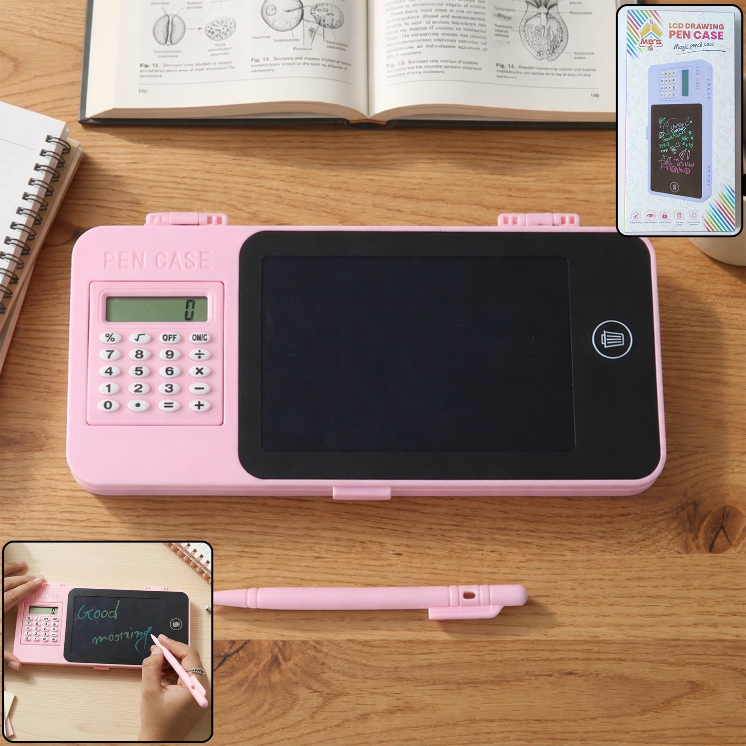 LCD writing tablet pencil case showing calculator and writing screen