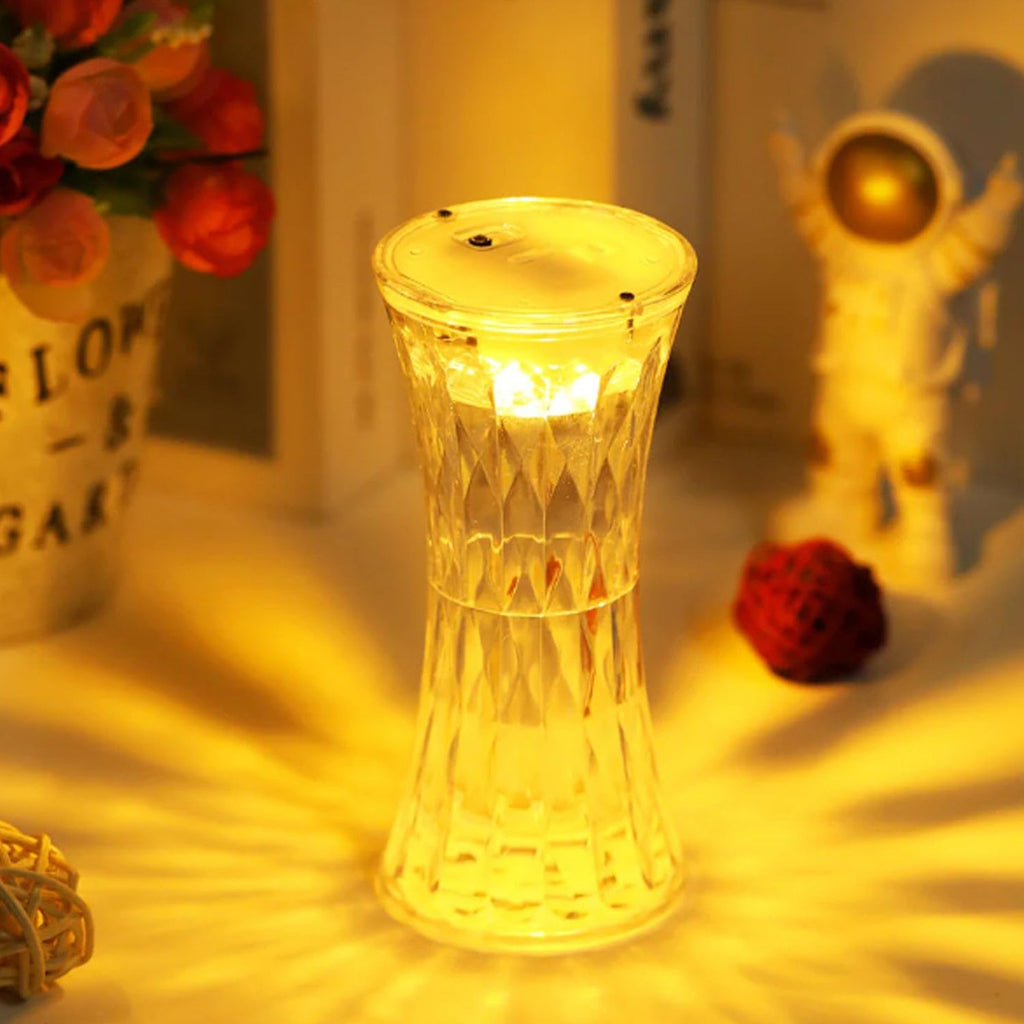 Battery-operated crystal night light illuminating a room