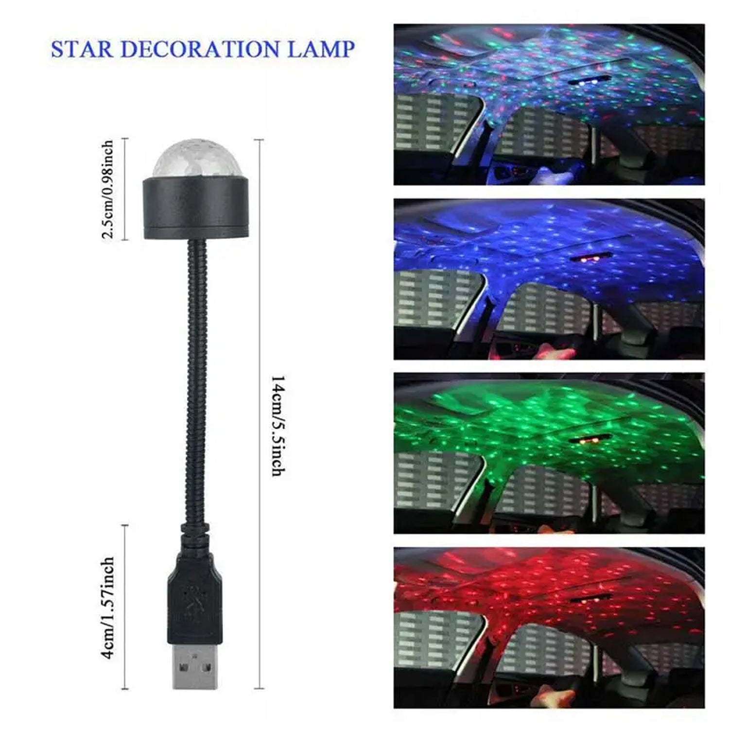 USB star projector and disco ball light illuminating a car interior