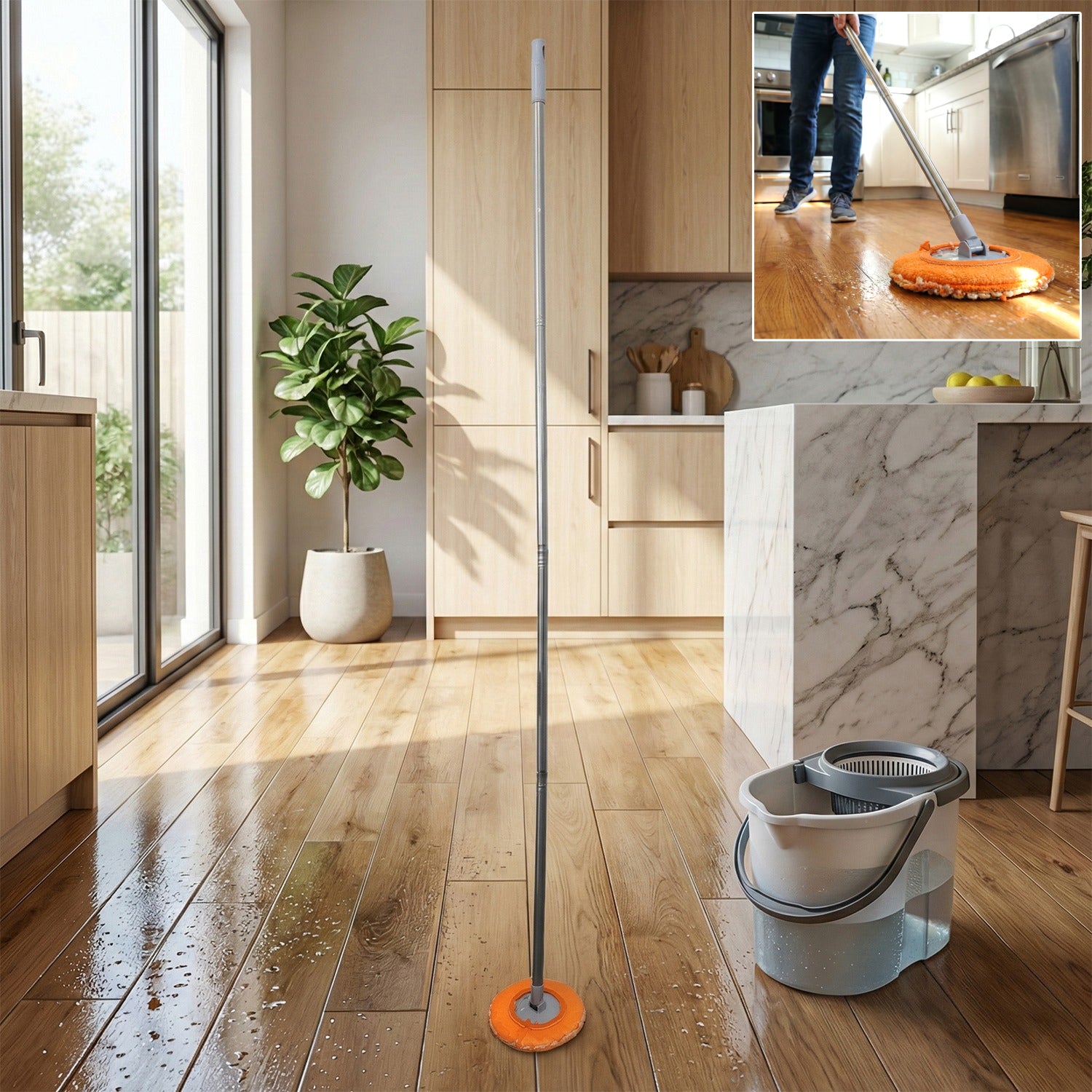 Multipurpose Spin Mop in use with bucket system