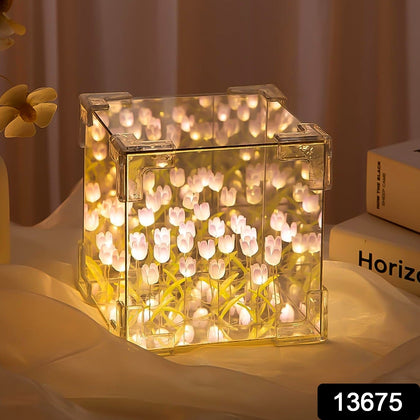 Cube Tulip LED Night Lamp illuminated with multicolor tulip flowers