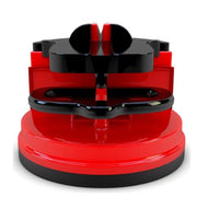 A 3D rendering of the red and black sharpener shows its glossy finish and circular design.