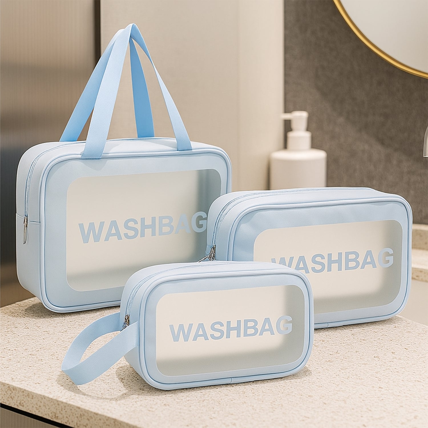 Transparent travel toiletry bags showing inside contents