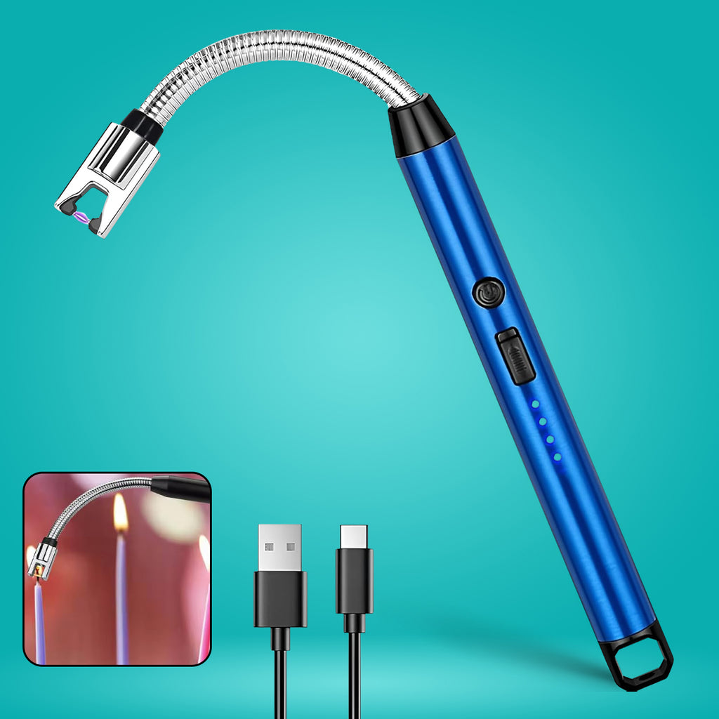 Metal electric arc lighter shown charging with USB cable