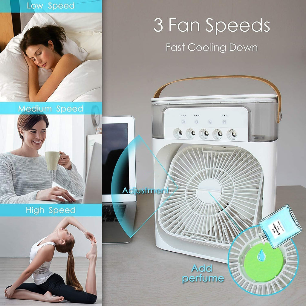 Portable air conditioner fan displaying vibrant 7-color LED mood light