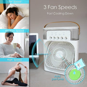 Portable air conditioner fan displaying vibrant 7-color LED mood light
