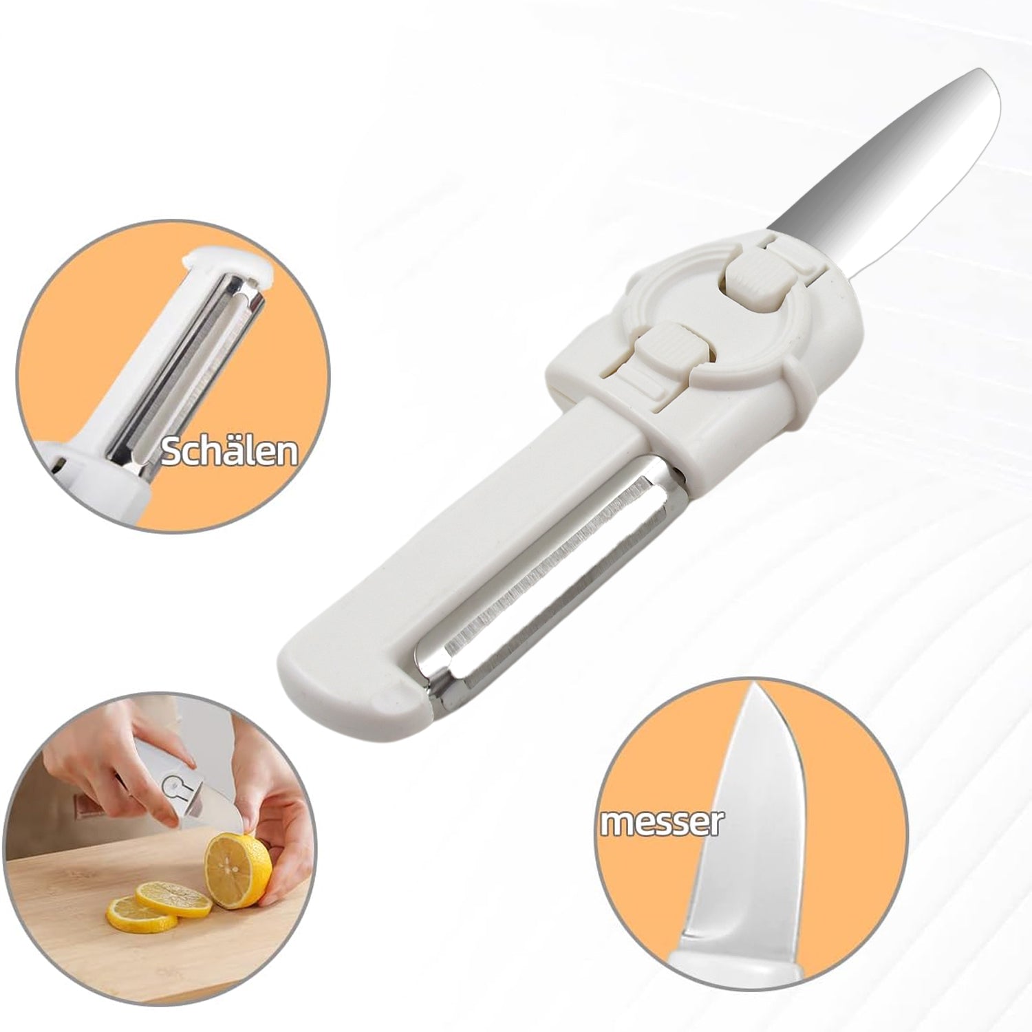 The Dual-use Knife Peeler in action, efficiently peeling a potato with its stainless steel blade.