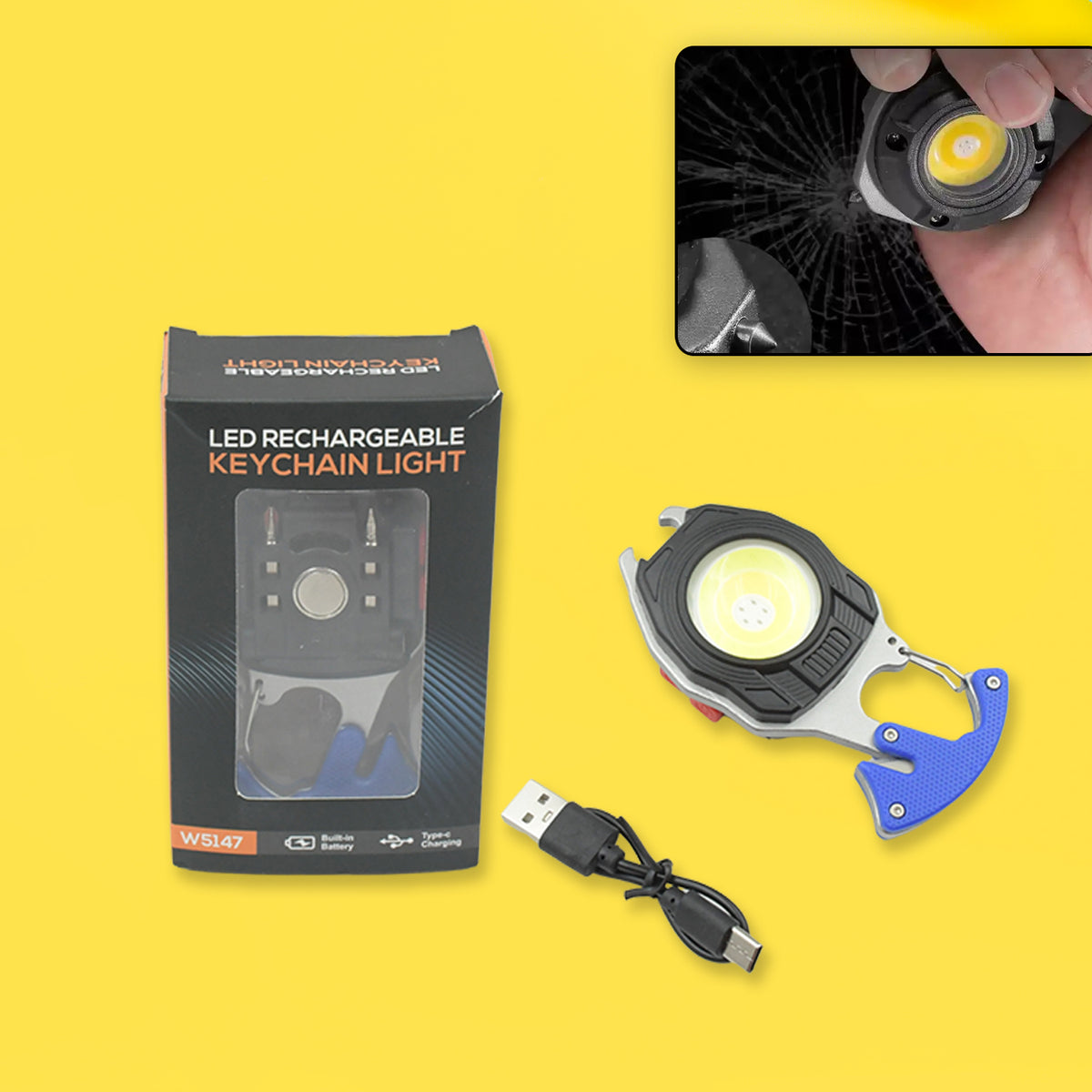 Multi-functional keychain flashlight showing lighter, whistle & screwdriver