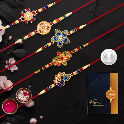 Set of 5 designer floral rakhis with silver coin, roli chawal, chocolate, and greeting card for Raksha Bandhan