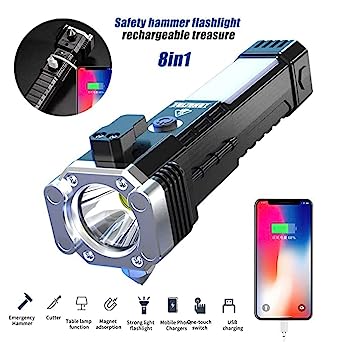 3W Rechargeable LED Flashlight Torch – Long Range Beam, Emergency Car Safety Tool, Glass Breaker, Magnet, 4 Lighting Modes
