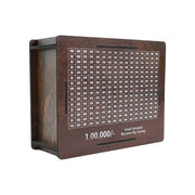 Front view of the wooden savings challenge box with number grid