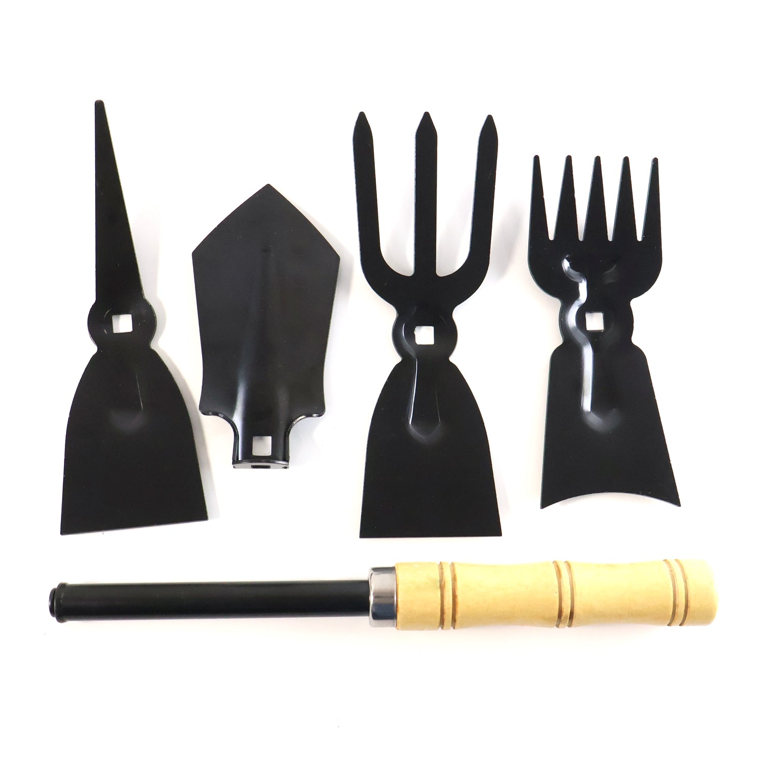 Complete set of 5 gardening hand tools with wooden handles