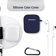Navy blue silicone earbud case next to a white charging case, white earbuds, and a black carabiner.