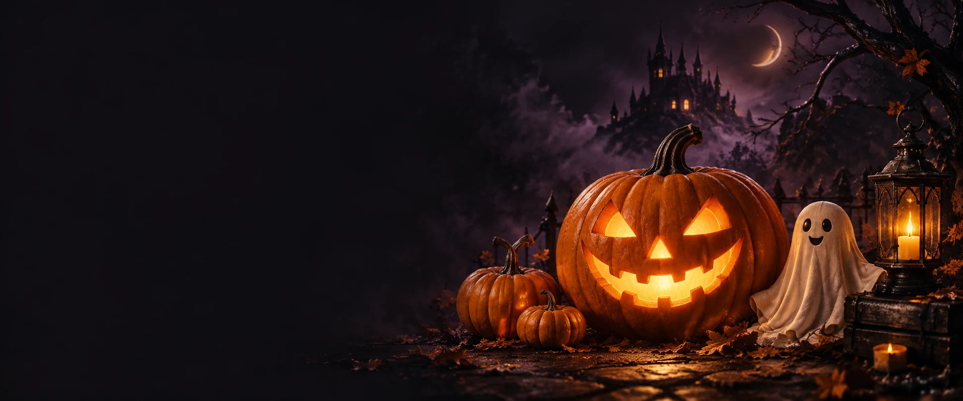 Glowing jack-o-lanterns, a friendly ghost and a moonlit gothic castle