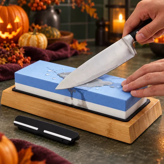 Double-Sided Whetstone Set with Bamboo Base & Angle Guide
