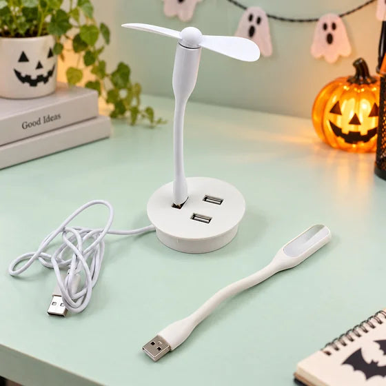 USB Mini Fan, LED Light & 3-Port Hub Combo