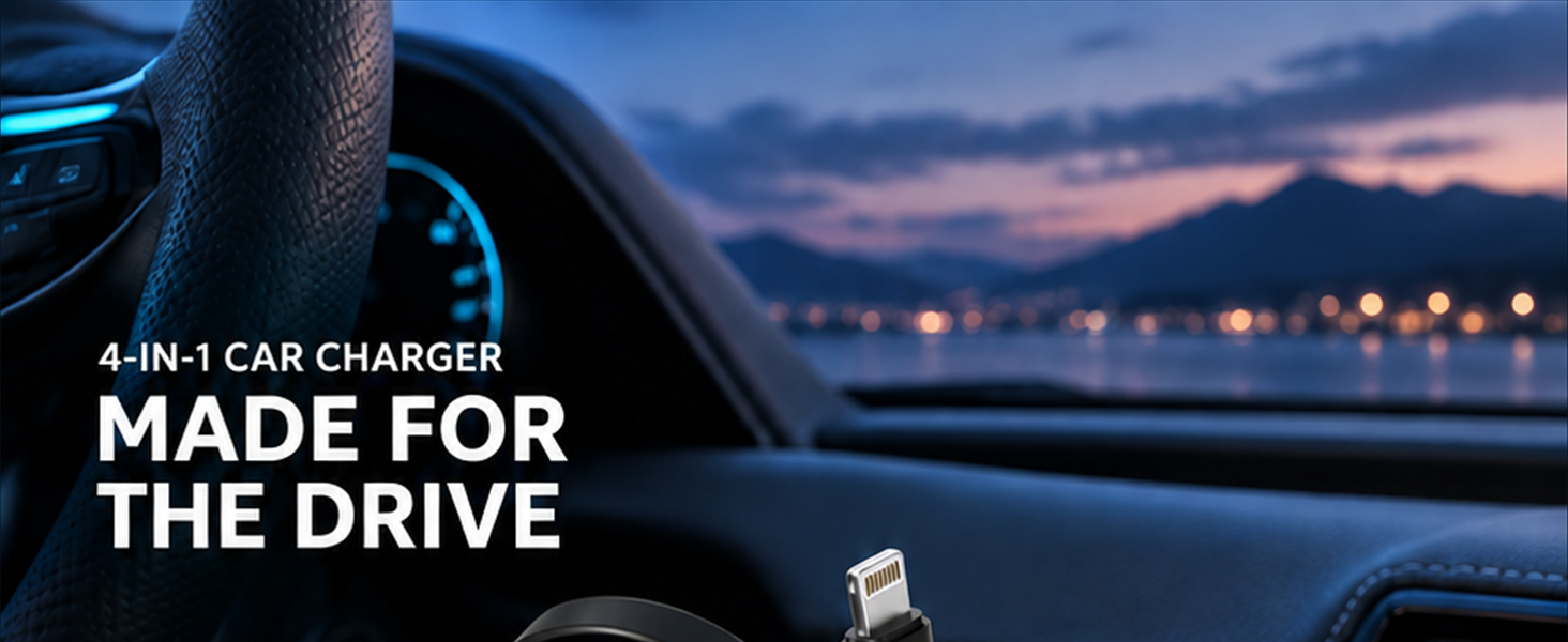 4-in-1 Super Fast Car Charger With Dual Built-in Cables Dual Usb Ports — Product overview