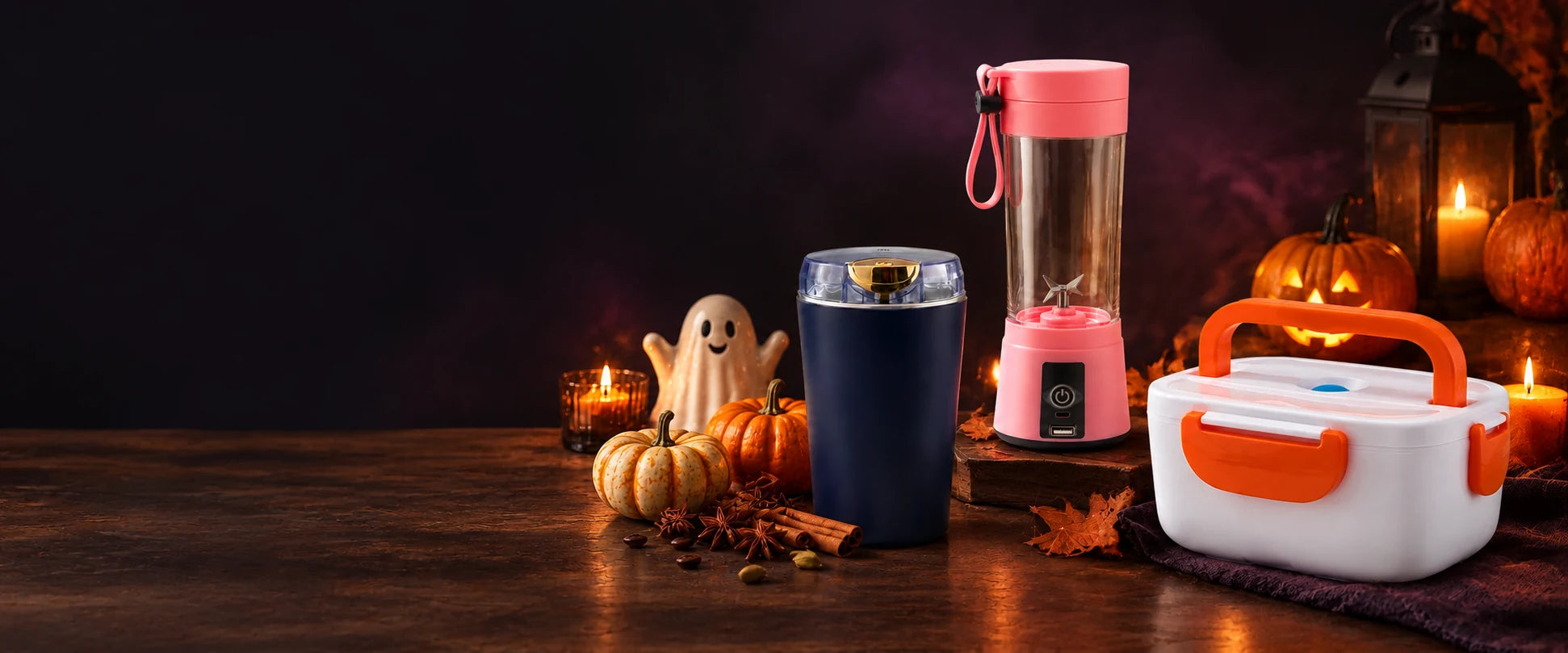 Oblivion blender, grinder and lunch box with pumpkins and a friendly ghost