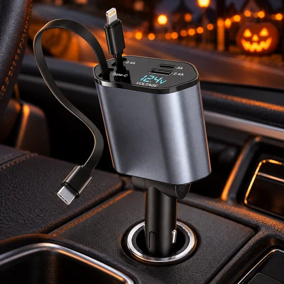 4-in-1 Car Charger with 2 Built-In Cables & 2 USB Ports