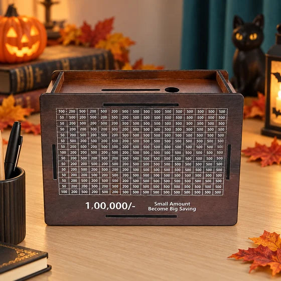 Wooden Savings Challenge Piggy Bank — Halloween scene